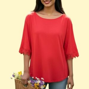 ❤️ Callie Mac- Super Soft Red 3/4 Sleeve Top With Embroidered Details